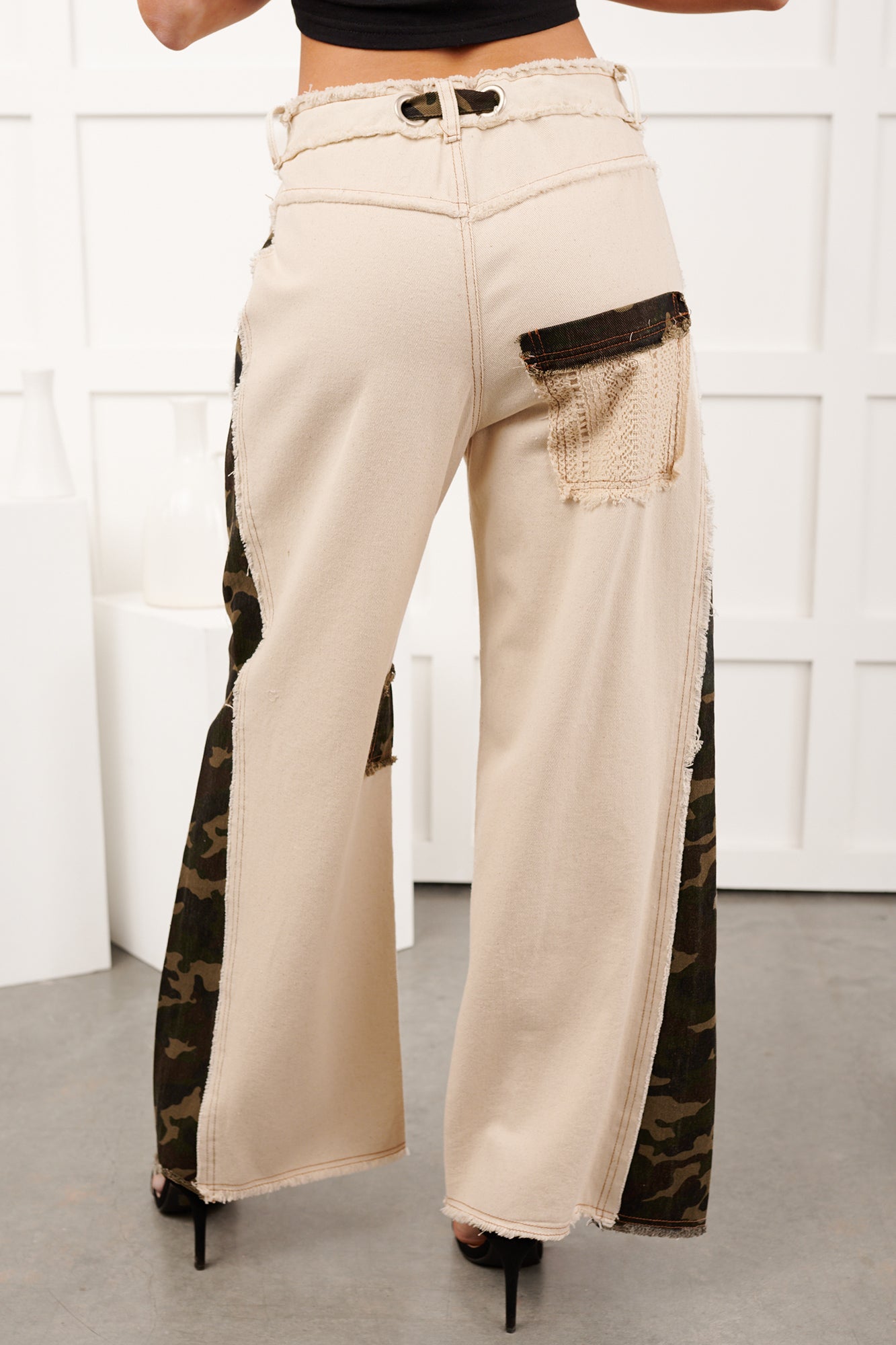 Rosales Wide Leg Camo Denim Pants (Ivory) - NanaMacs