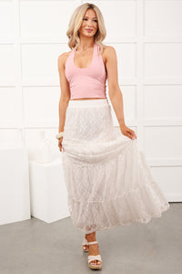 Golden Haze Floral Lace Tiered Maxi Skirt (Off White)