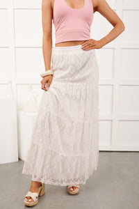 Golden Haze Floral Lace Tiered Maxi Skirt (Off White)