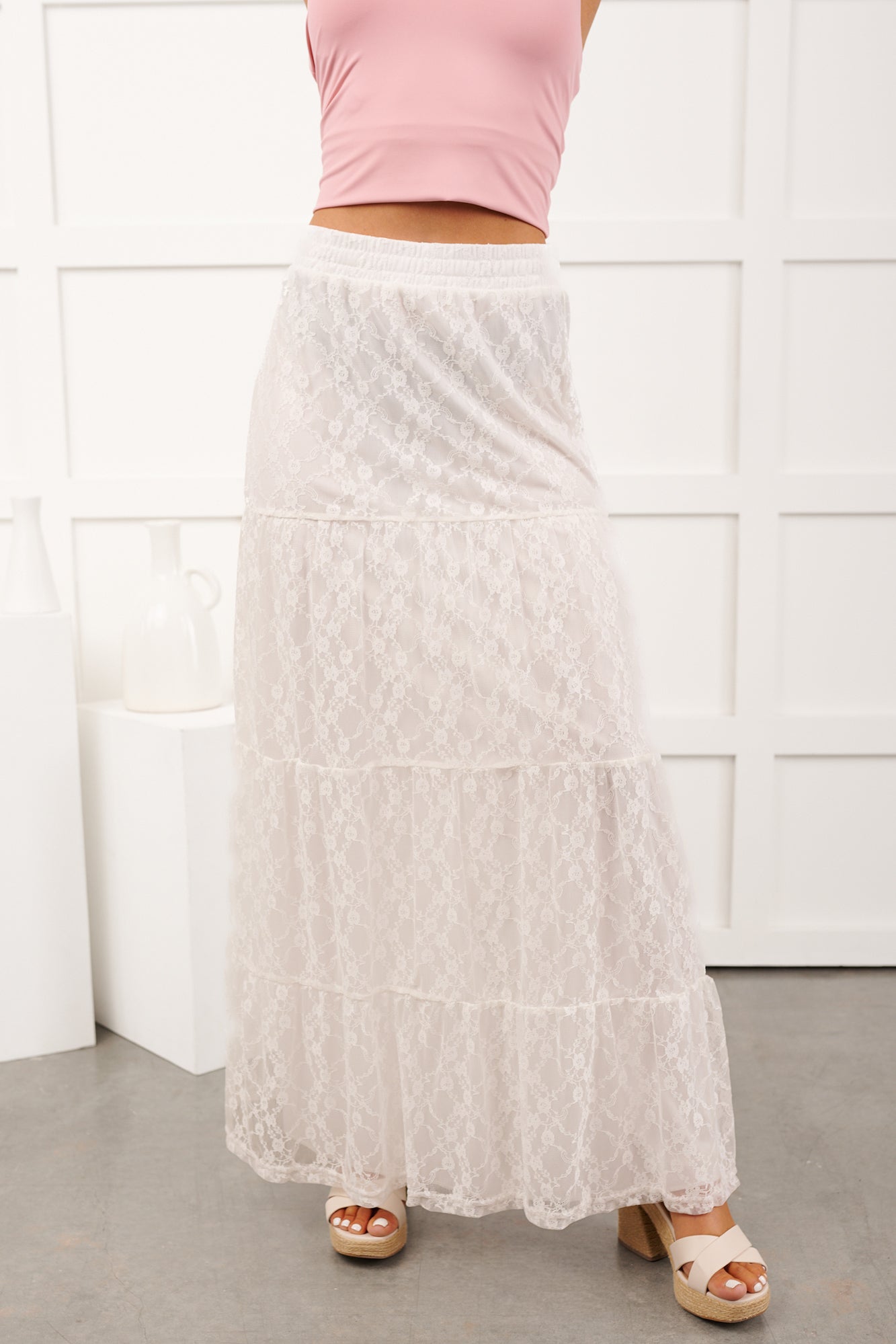 Golden Haze Floral Lace Tiered Maxi Skirt (Off White)