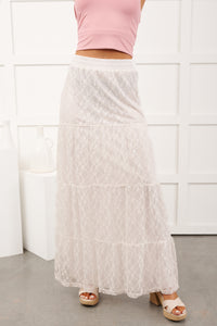 Golden Haze Floral Lace Tiered Maxi Skirt (Off White)