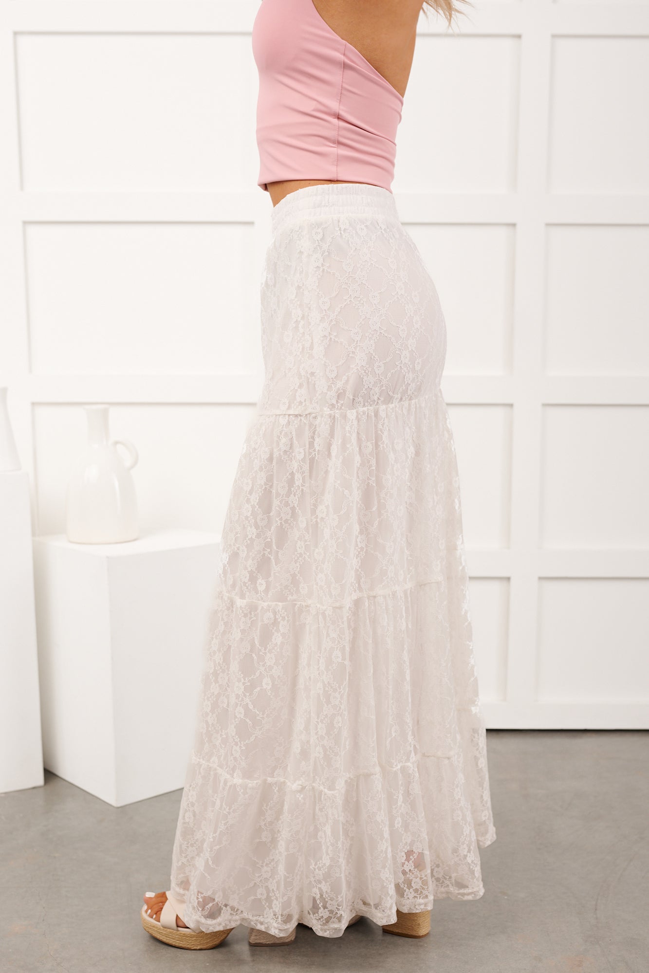 Golden Haze Floral Lace Tiered Maxi Skirt (Off White)