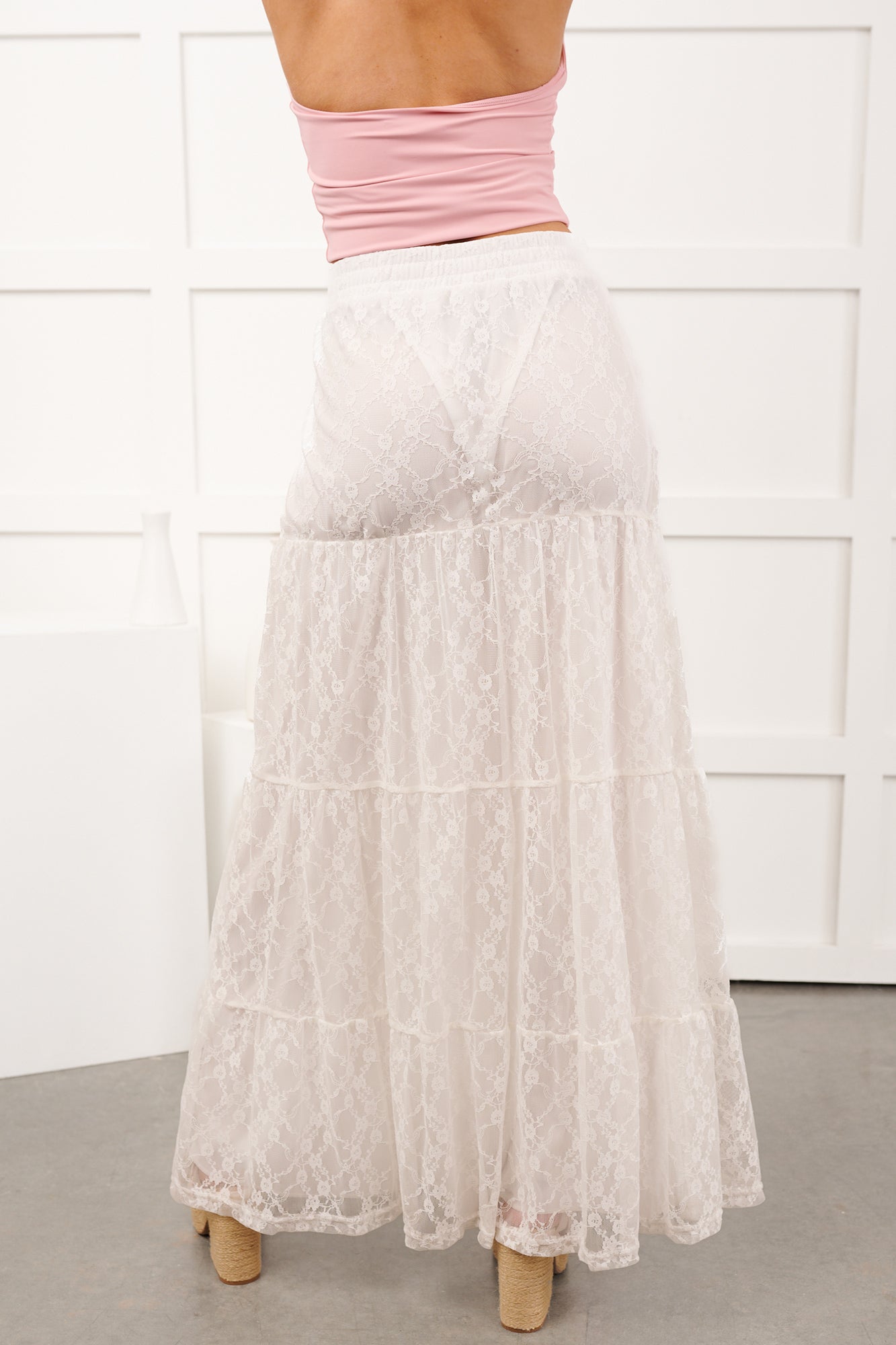 Golden Haze Floral Lace Tiered Maxi Skirt (Off White)
