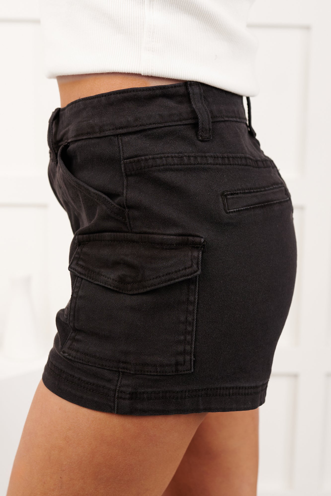 Karly Utility Pocket Denim Shorts (Black) - NanaMacs