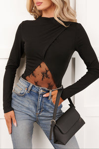 True Path Long Sleeve Lace Cut-Out Bodysuit (Black) - NanaMacs