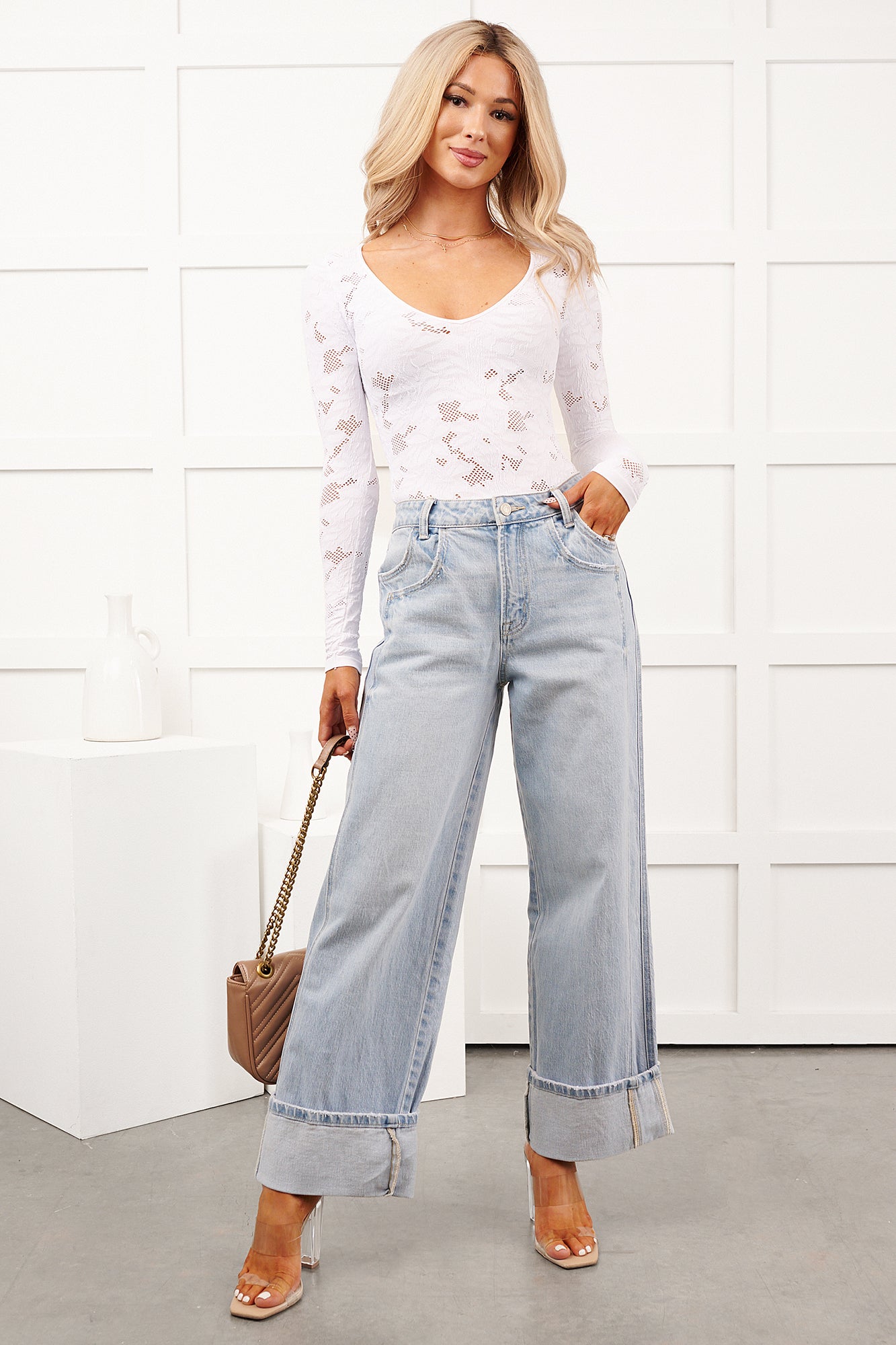 Go With It Long Sleeve Floral Textured Bodysuit (White) - NanaMacs