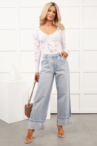 Go With It Long Sleeve Floral Textured Bodysuit (White) - NanaMacs