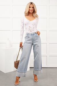 Go With It Long Sleeve Floral Textured Bodysuit (White) - NanaMacs