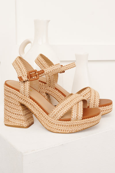 VayCay Getaway Braided Raffia Platform Heels (Natural/Tan)