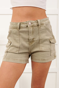 Karly Utility Pocket Denim Shorts (Light Olive) - NanaMacs