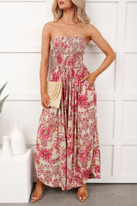 Catch Feelings Floral Print Strapless Jumpsuit (Green)