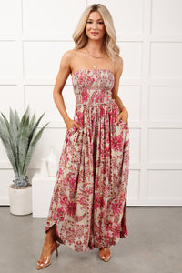 Catch Feelings Floral Print Strapless Jumpsuit (Green)