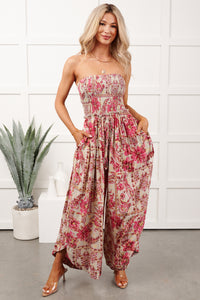 Catch Feelings Floral Print Strapless Jumpsuit (Green)