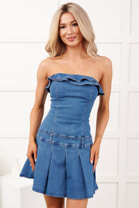 Work It Out Strapless Pleated Ruffle Mini Dress (Denim) - NanaMacs
