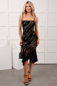 Run The Night Zebra Overlay Fitted Mesh Midi Dress (Black) - NanaMacs