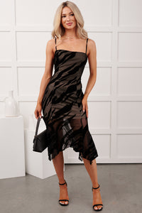 Run The Night Zebra Overlay Fitted Mesh Midi Dress (Black) - NanaMacs