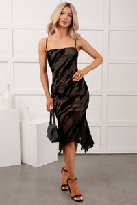 Run The Night Zebra Overlay Fitted Mesh Midi Dress (Black) - NanaMacs