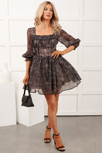 Vintage Feels Puff Sleeve Floral Mini Dress (Black)