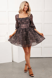 Vintage Feels Puff Sleeve Floral Mini Dress (Black)