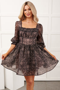 Vintage Feels Puff Sleeve Floral Mini Dress (Black)