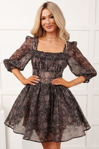 Vintage Feels Puff Sleeve Floral Mini Dress (Black)