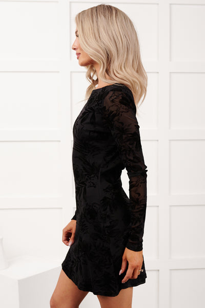 Flirty Rush Floral Long Sleeve Mini Dress (Black)