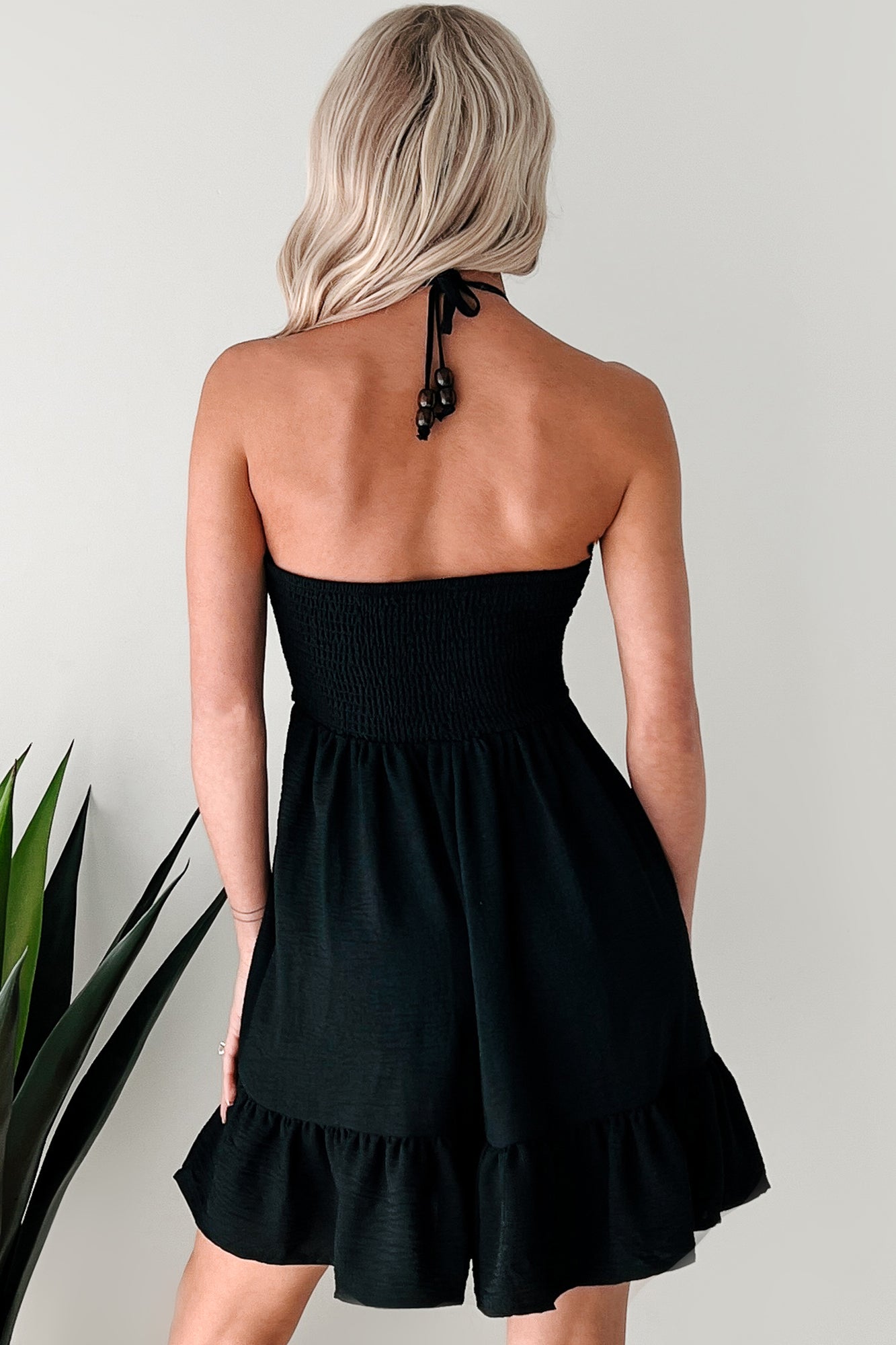 In Tune With Nature Crochet Halter Mini Dress (Black) - NanaMacs