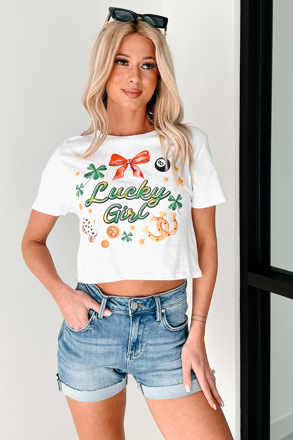 Lucky Girl Graphic Cropped T-Shirt (White) - NanaMacs