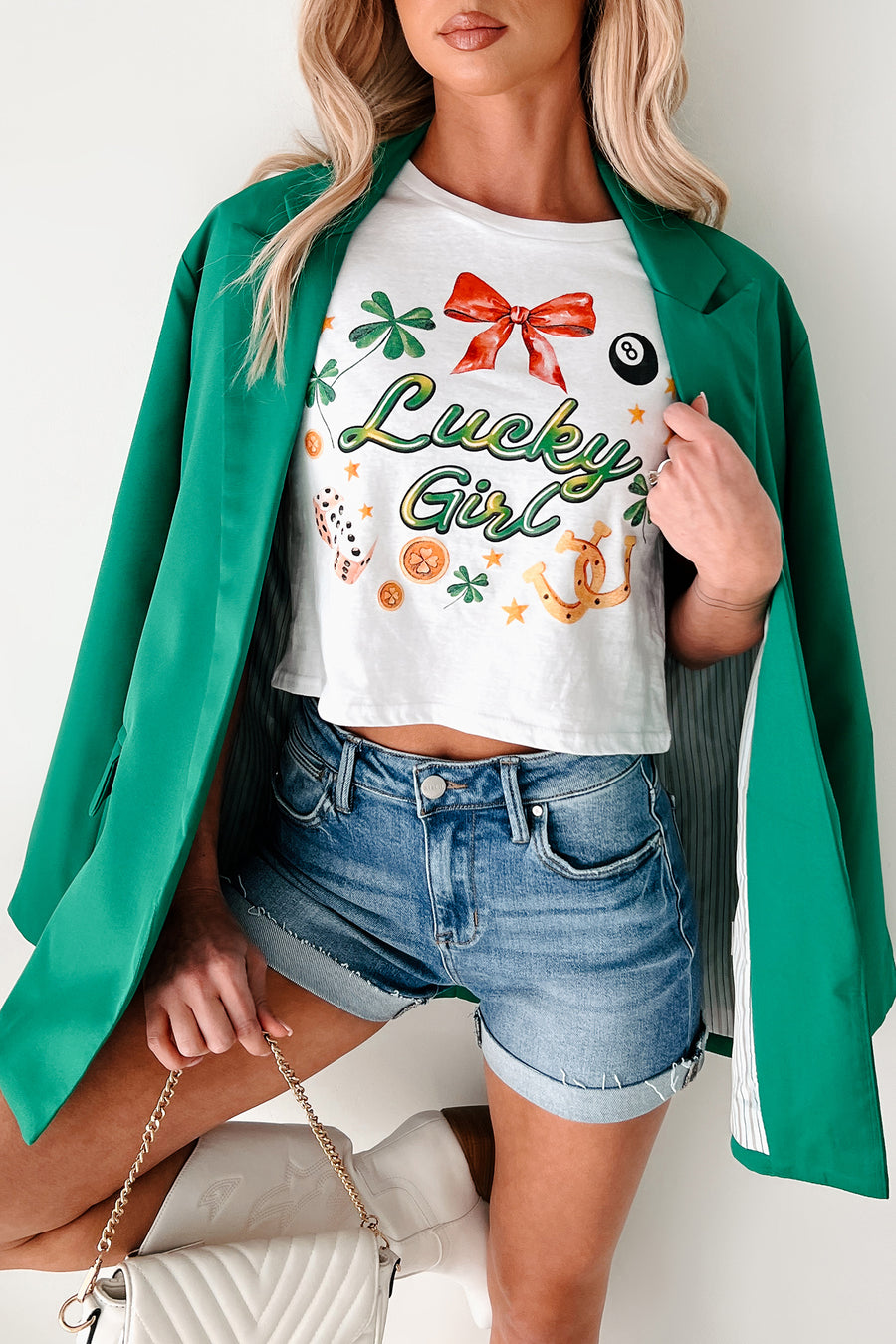 Lucky Girl Graphic Cropped T-Shirt (White) - NanaMacs