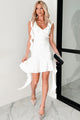 Heart Flutter Ruffled V Neck Mini Dress (White) - NanaMacs