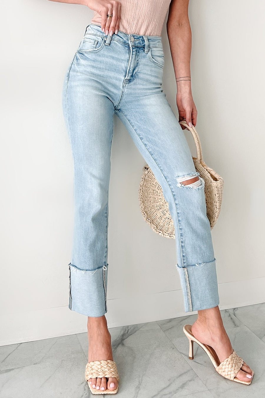 Flint High Rise Cuffed Ripped Risen Jeans (Light) - NanaMacs