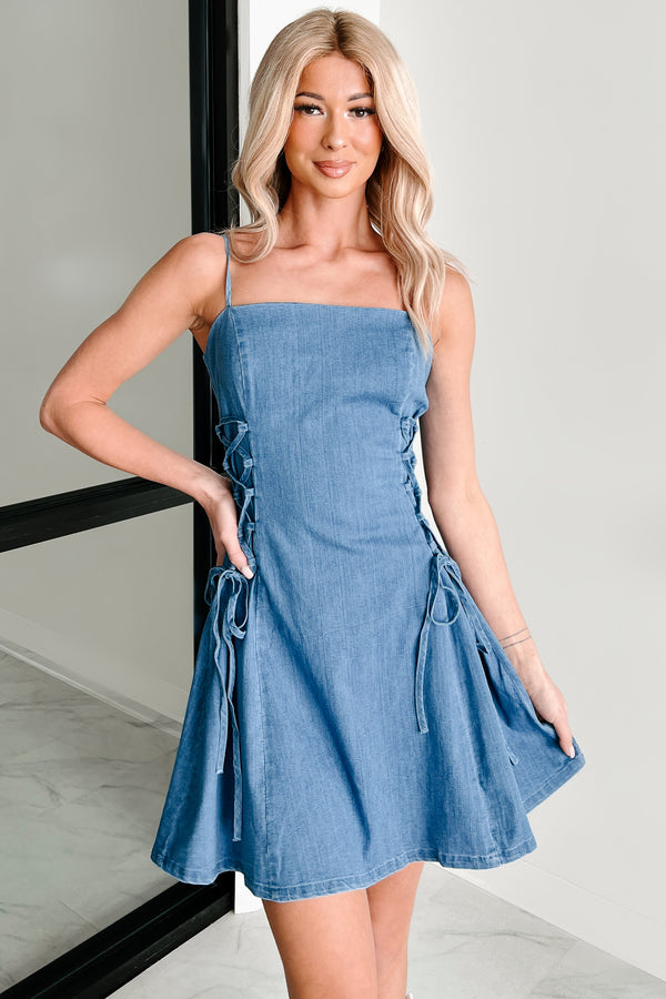 A Long Ride Ahead Side Lace Up Denim Mini Dress (Blue) - NanaMacs