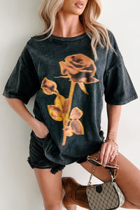 Graceful Rebellion Distressed Floral Graphic T-Shirt (Charcoal) - NanaMacs