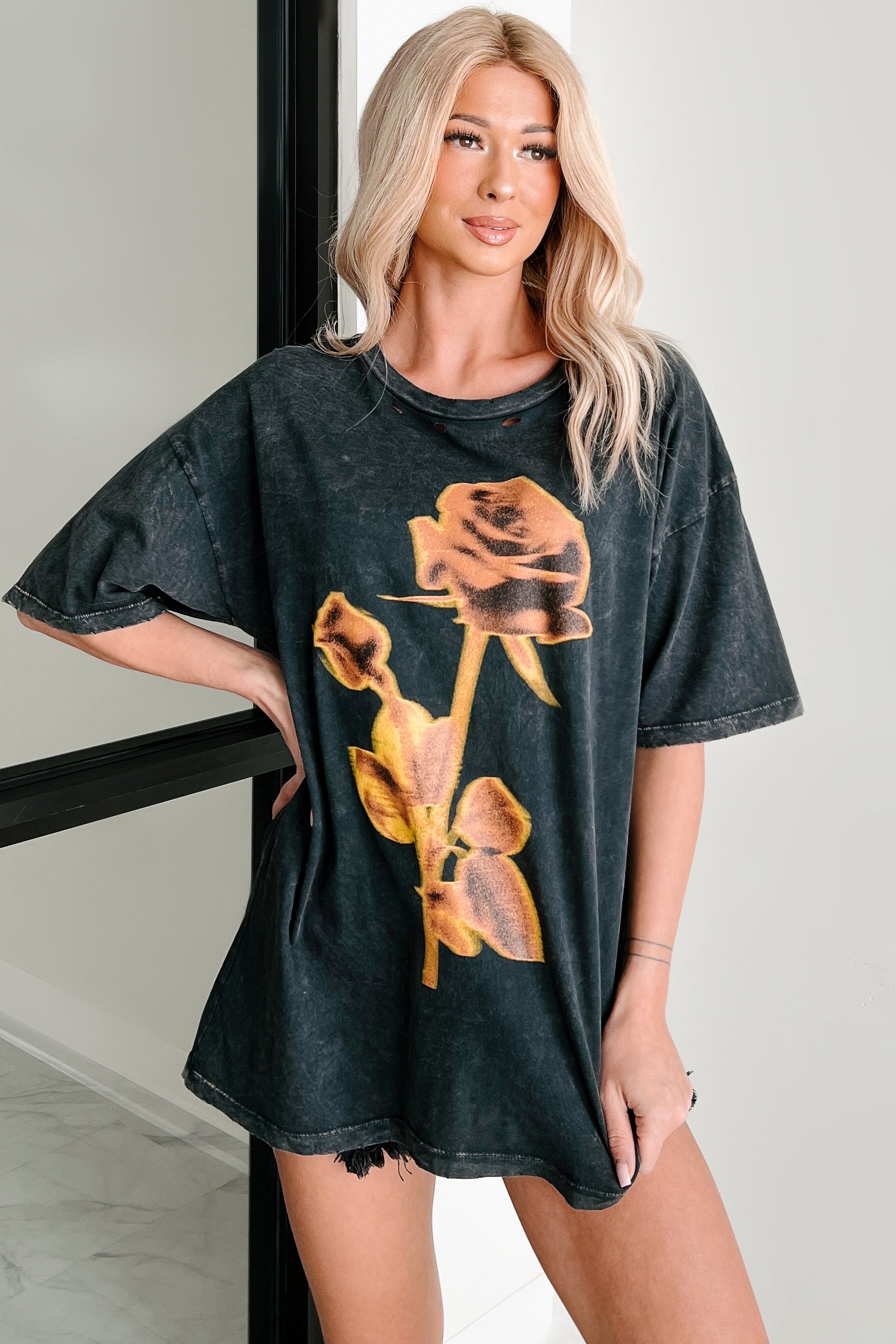 Graceful Rebellion Distressed Floral Graphic T-Shirt (Charcoal) - NanaMacs