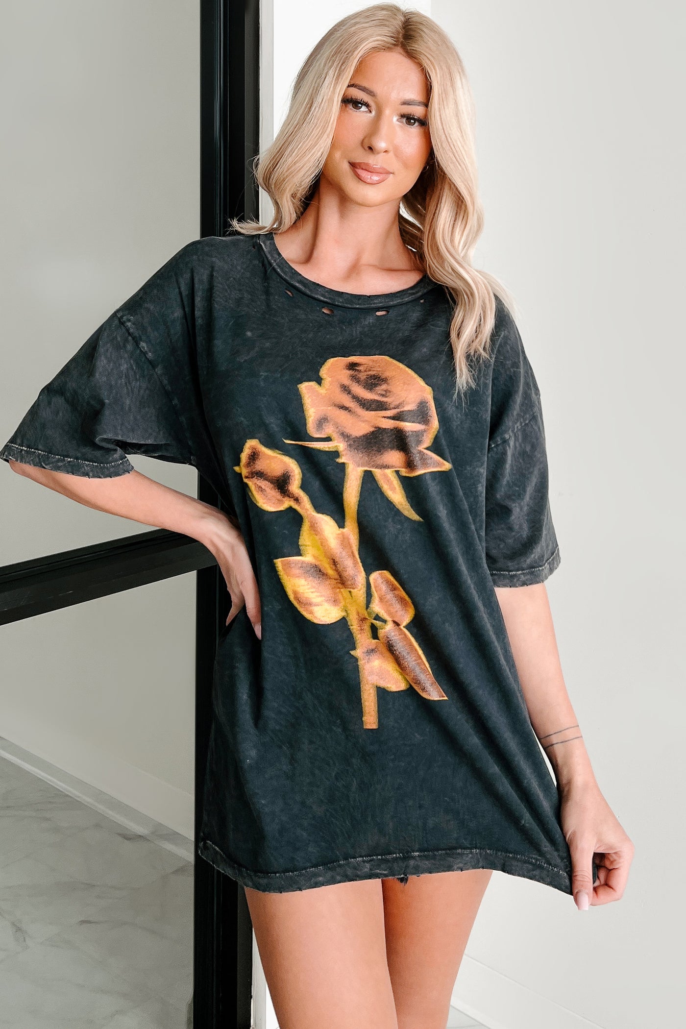 Graceful Rebellion Distressed Floral Graphic T-Shirt (Charcoal) - NanaMacs