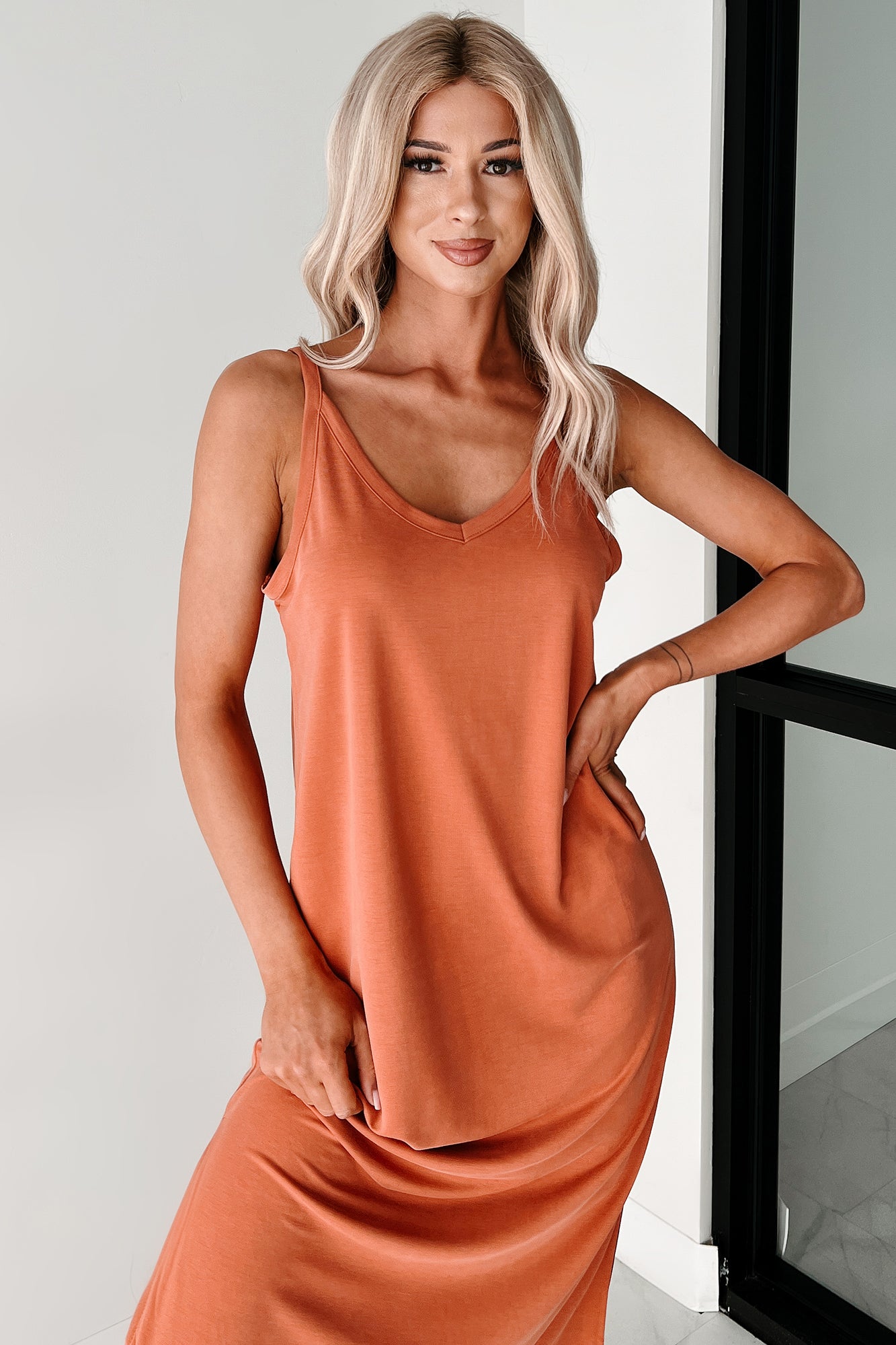 Keeping It Real V Neck Midi Dress (Baked Clay) - NanaMacs