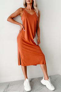 Keeping It Real V Neck Midi Dress (Baked Clay) - NanaMacs