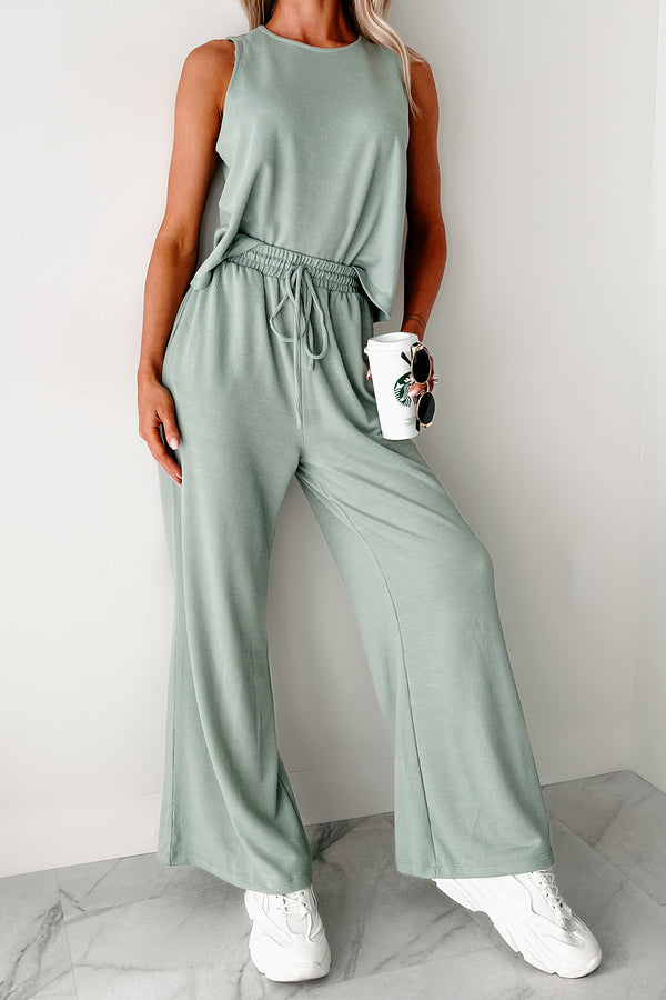 Still As The Stars Two-Piece Ribbed Tank & Pant Set (Sage) - NanaMacs