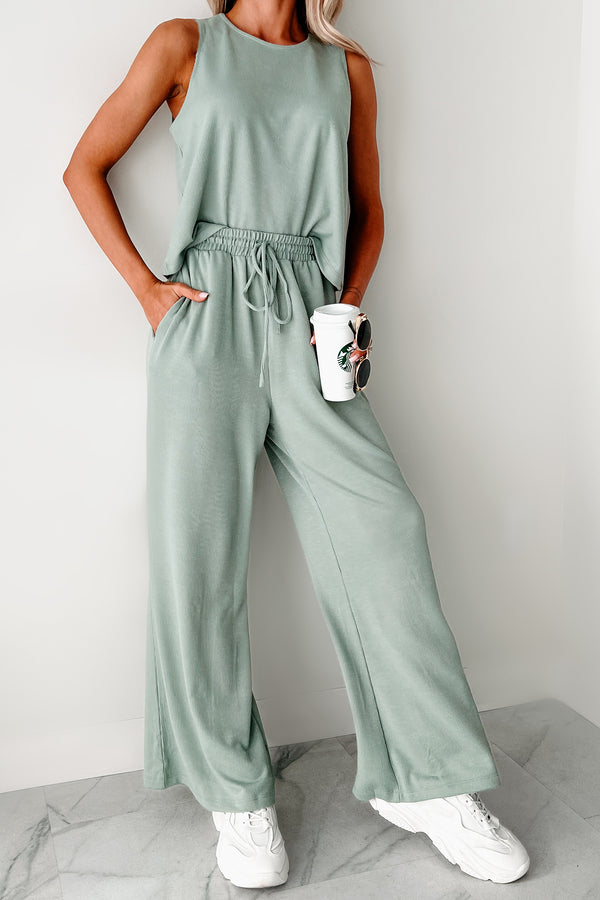 Still As The Stars Two-Piece Ribbed Tank & Pant Set (Sage) - NanaMacs