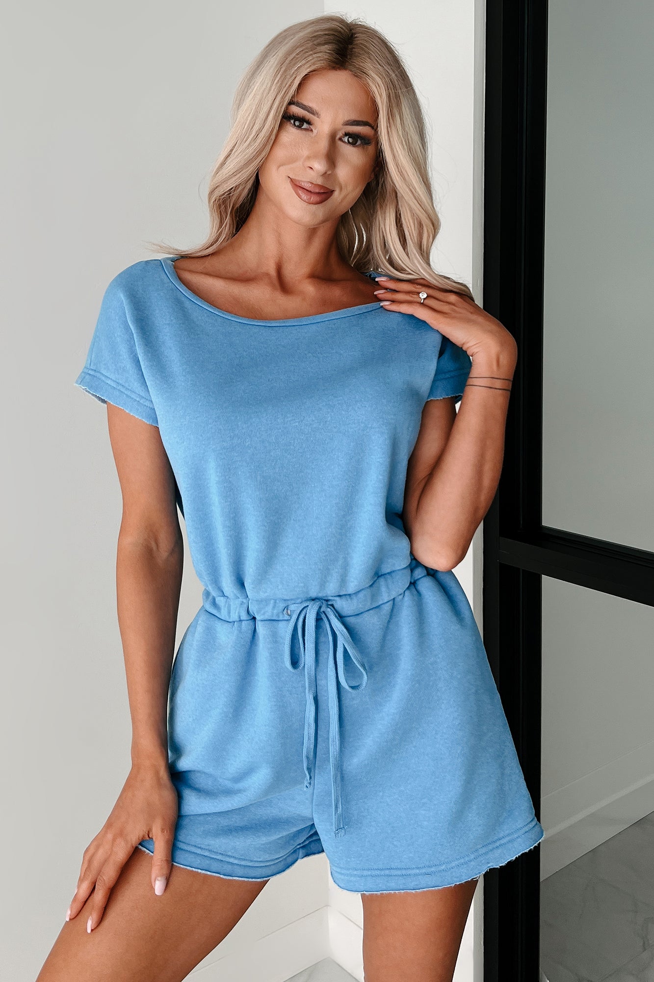 Plain & Simple Washed Drawstring Waist Romper (Blue) - NanaMacs