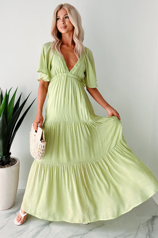 Fragrant With Joy Tiered V Neck Maxi Dress (Lime) - NanaMacs