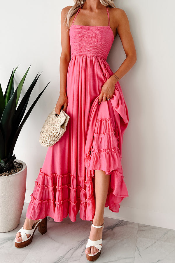 Taking The Scenic Route Halter Smocked Maxi Dress (Pink) - NanaMacs