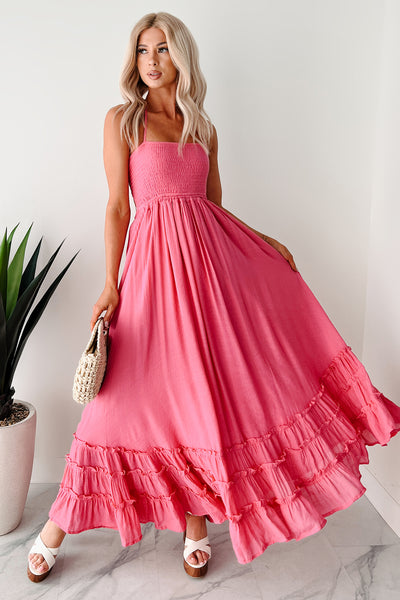 Taking The Scenic Route Halter Smocked Maxi Dress (Pink) - NanaMacs