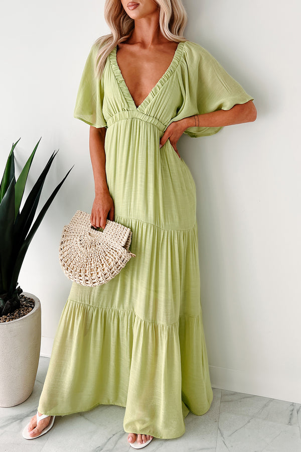 Fragrant With Joy Tiered V Neck Maxi Dress (Lime) - NanaMacs