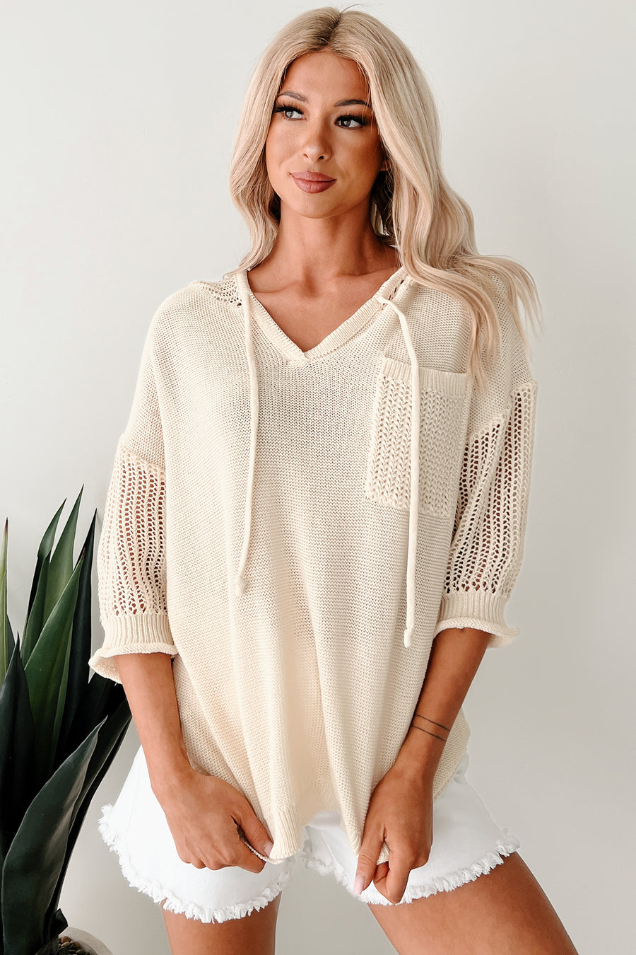 Softly Spellbound Sheer Knit Hoodie Sweater (Cream) - NanaMacs