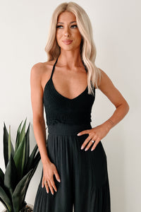 Under The Open Sky Crochet Halter Wide Leg Jumpsuit (Black) - NanaMacs