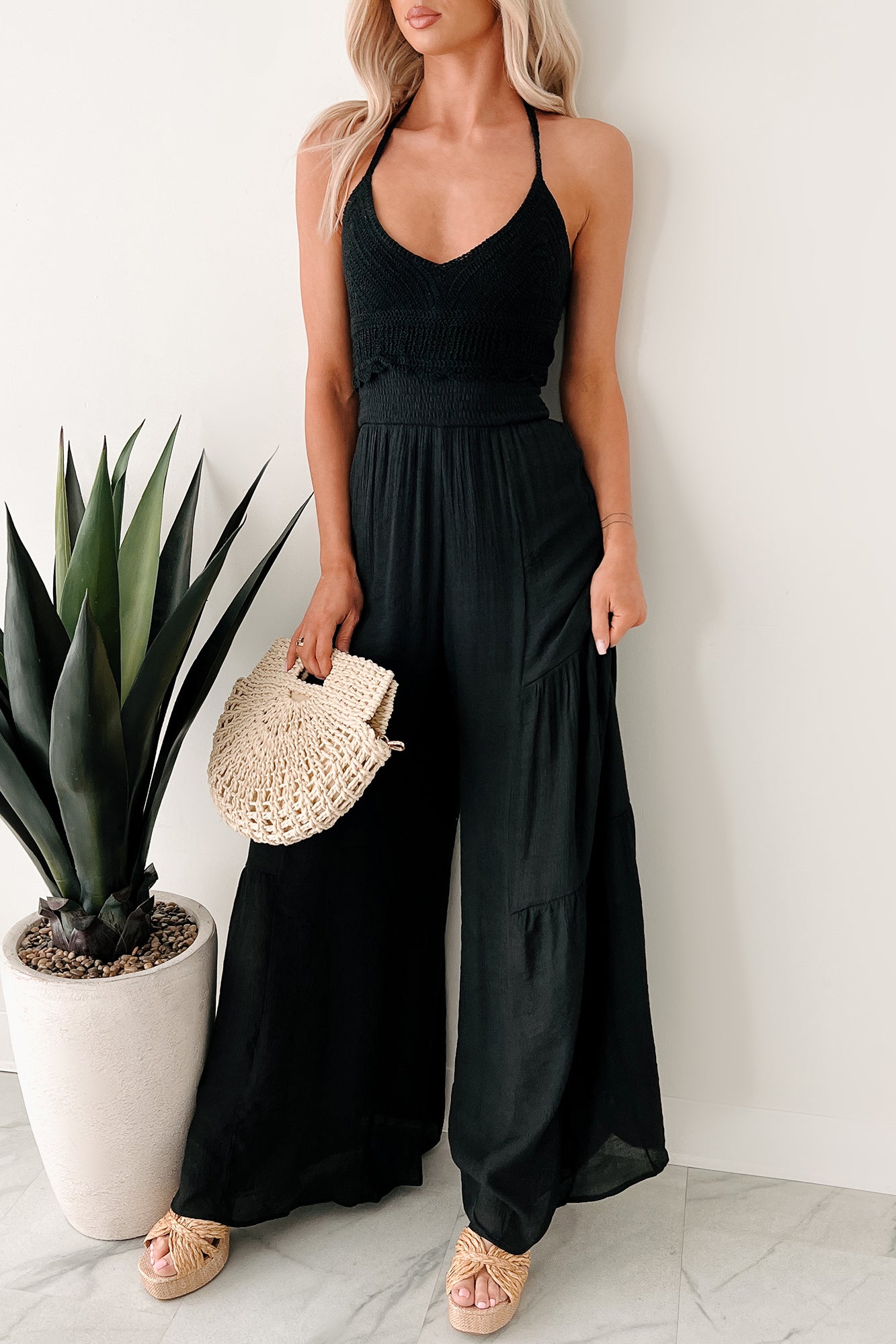 Under The Open Sky Crochet Halter Wide Leg Jumpsuit (Black) - NanaMacs