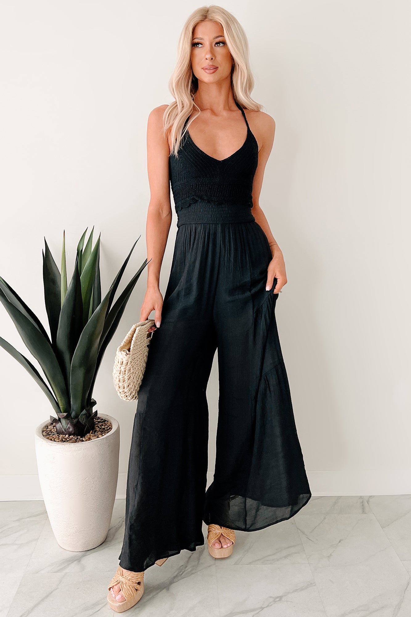 Under The Open Sky Crochet Halter Wide Leg Jumpsuit (Black) - NanaMacs