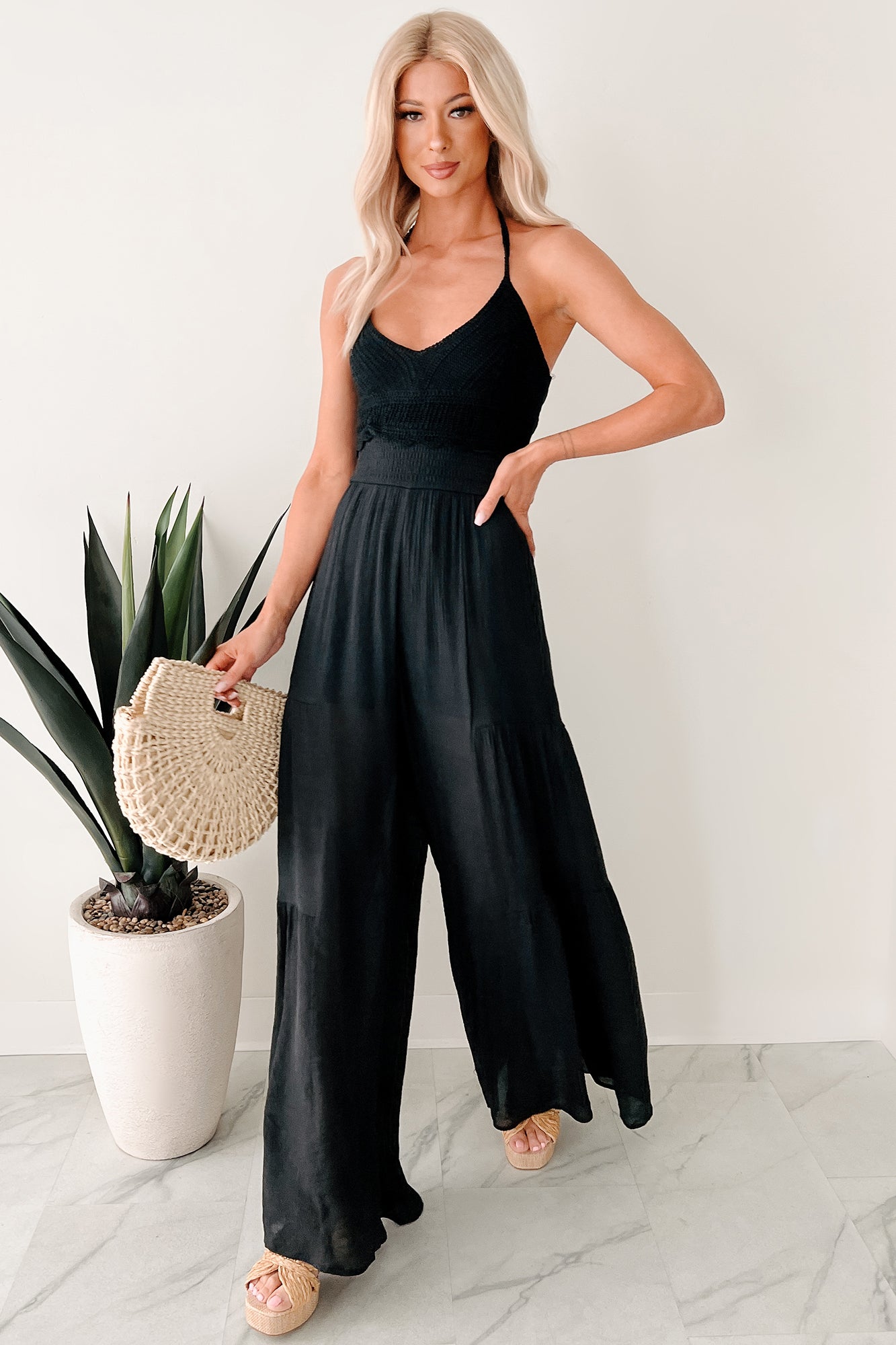 Under The Open Sky Crochet Halter Wide Leg Jumpsuit (Black) - NanaMacs