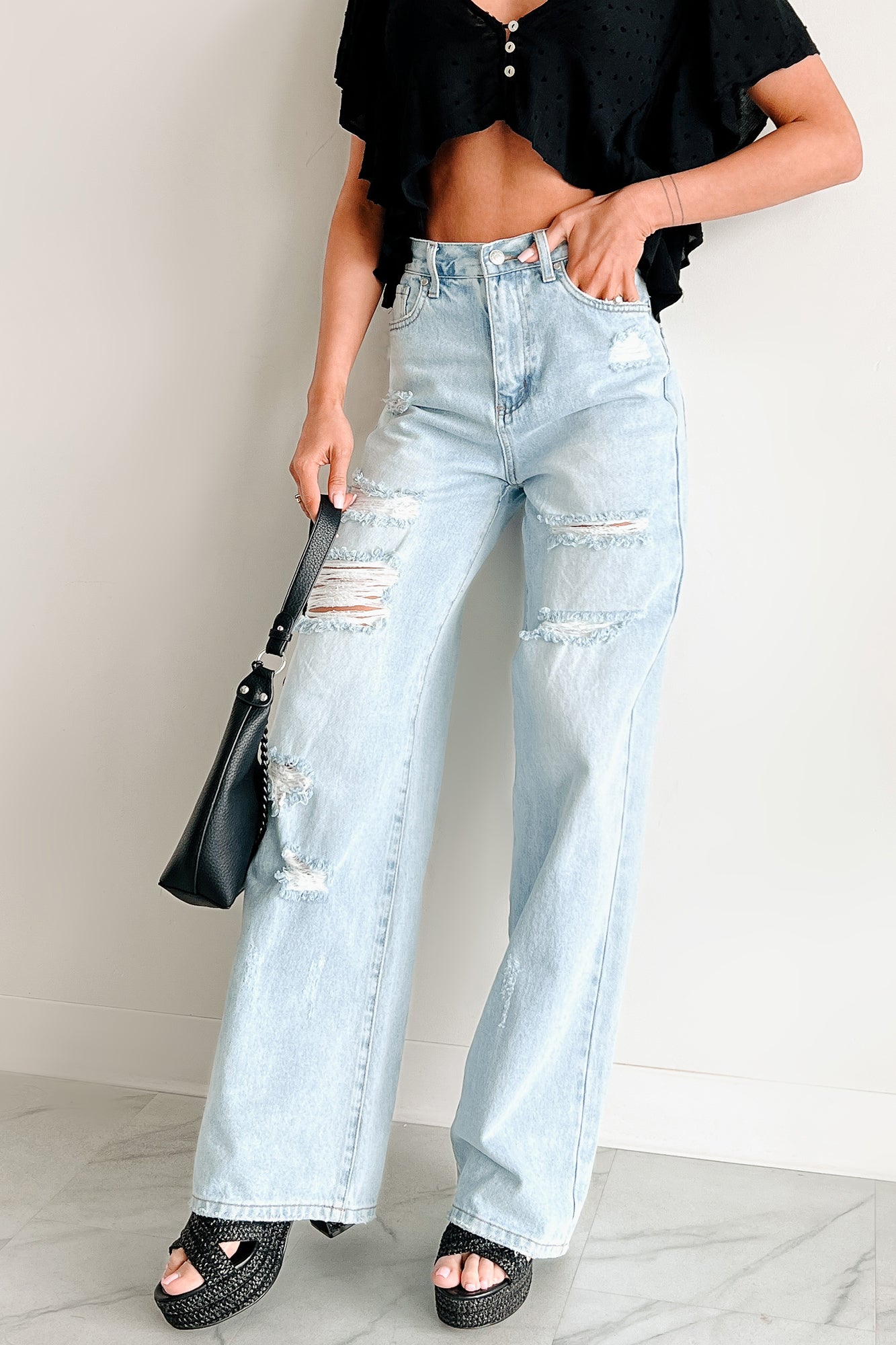 Callahan High Rise Distressed Wide Leg Jeans (Light Stone) - NanaMacs